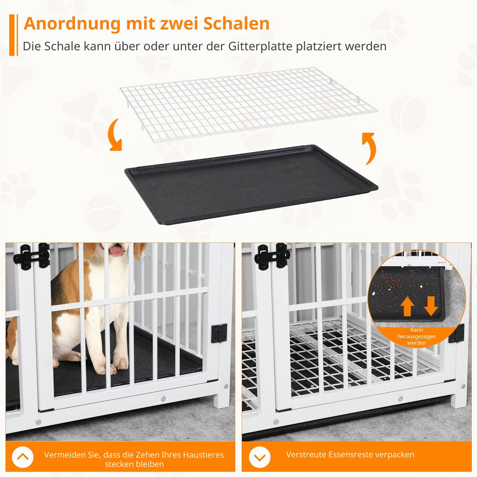 BingoPaw Hundekäfig Möbel XL Hundebox für Zuhause, Modern Hundehütte Indoor mit 3 Türen und abnehmbarem Tablett, Multifunktional Hundeschrank Beistelltisch TV Schrank Tierkäfig, 107x71x81 cm Weiß