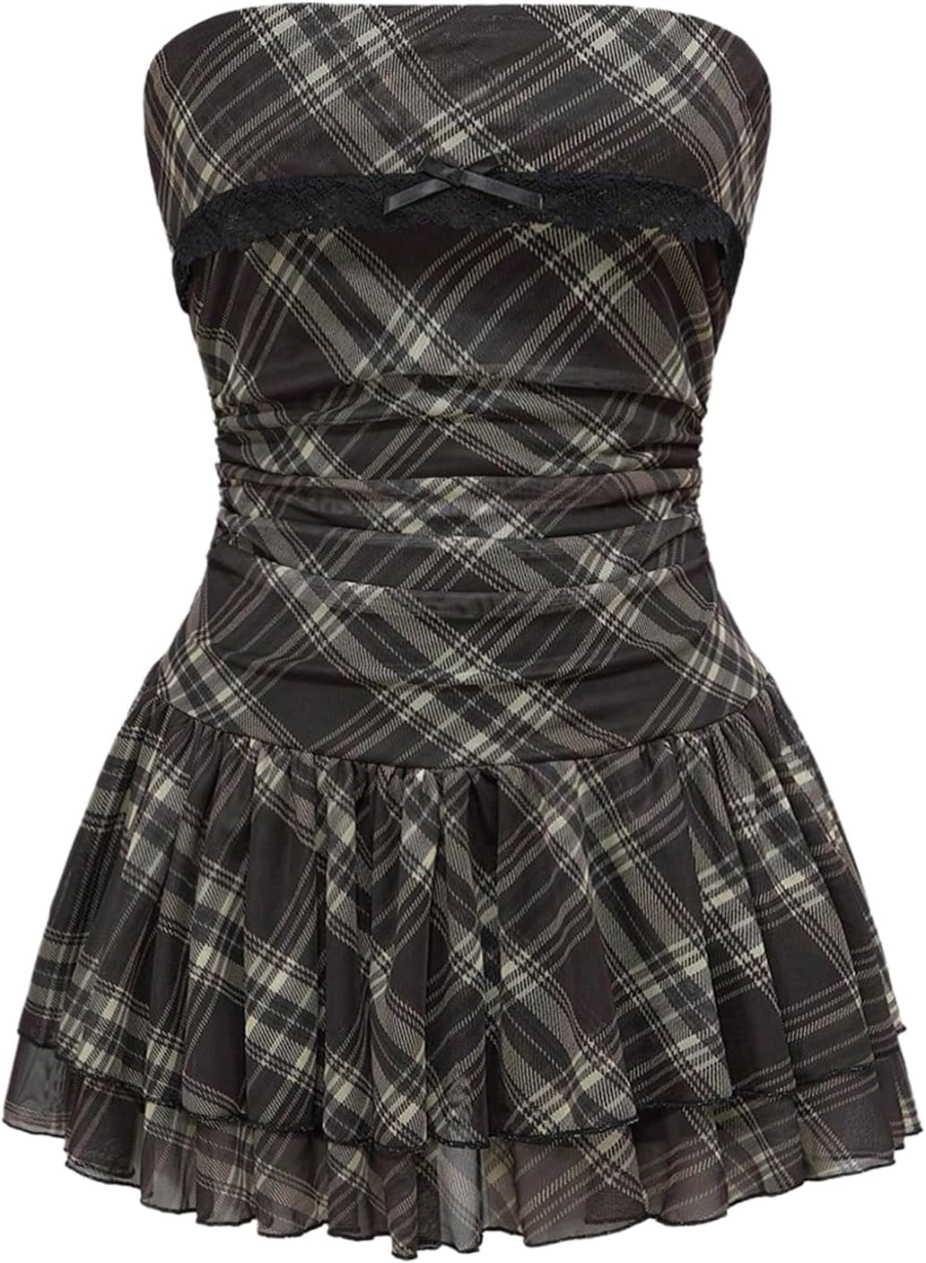 GORGLITTER Women's Plaid Gingham Mini Dress Y2k Strapless Layered Checkered Bubble Ruffle Short Tube Dresses