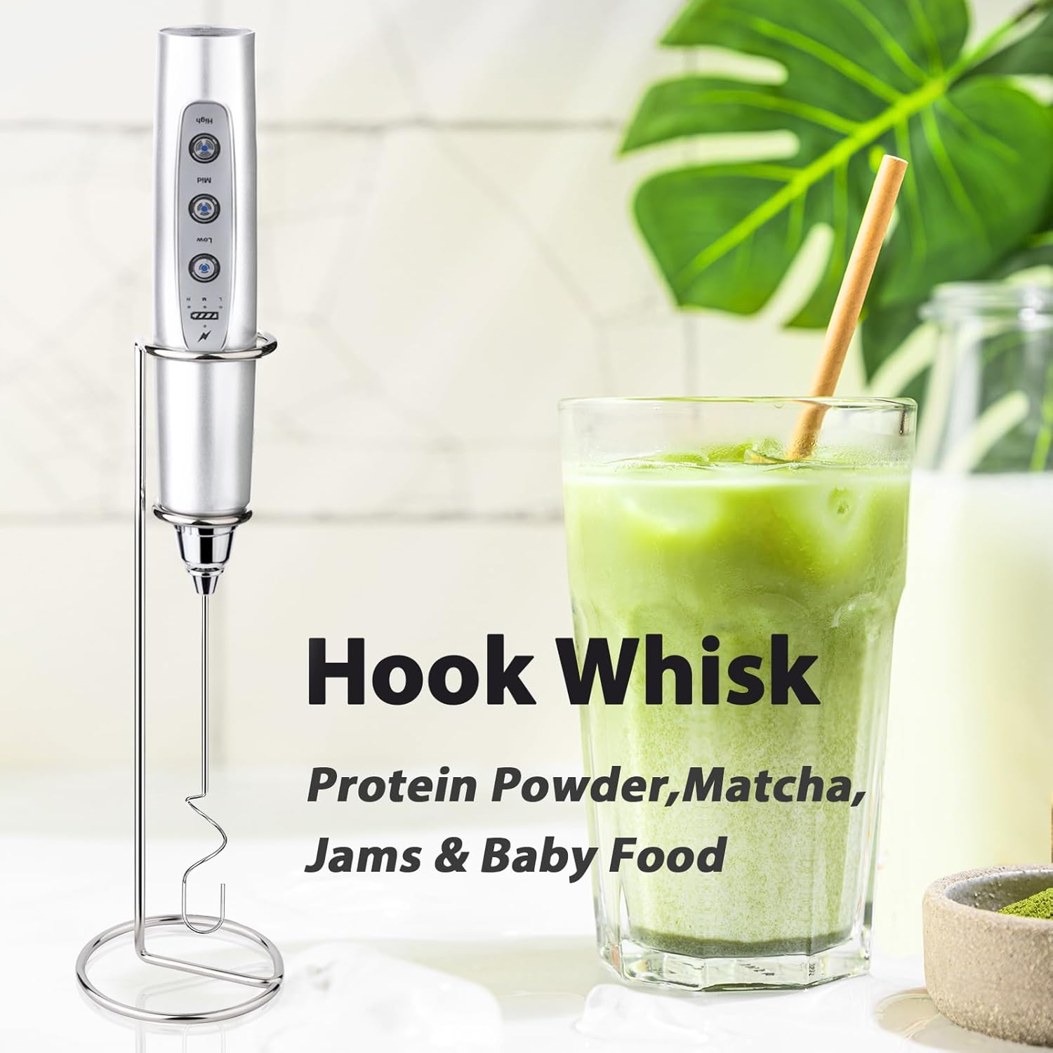 Silver+White Milk Frother with Stand