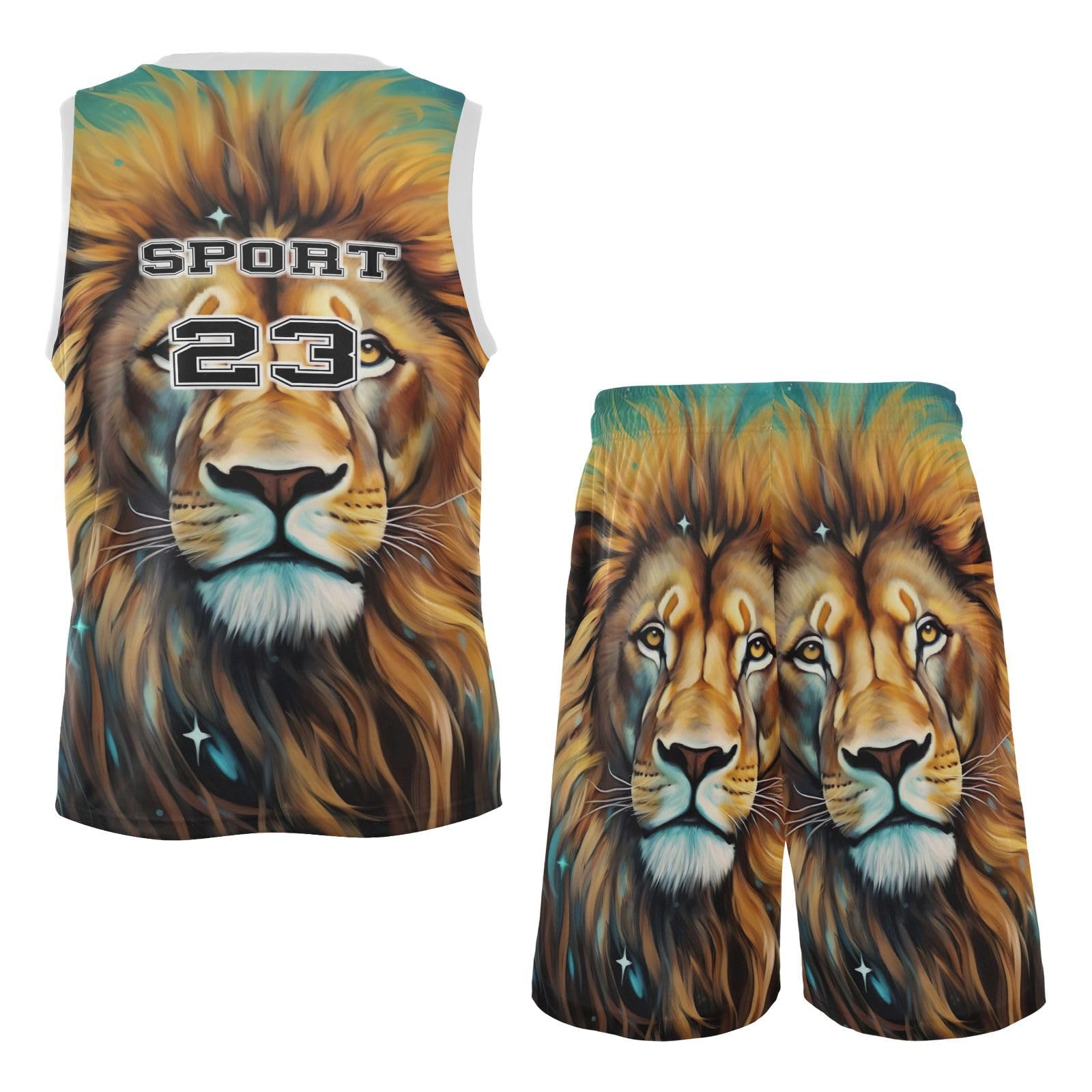 FLildon Lion Head on Starry Boys Basketball Jersey Set Tank Top Shorts Tracksuit Sport Training Suit for Kids, XL