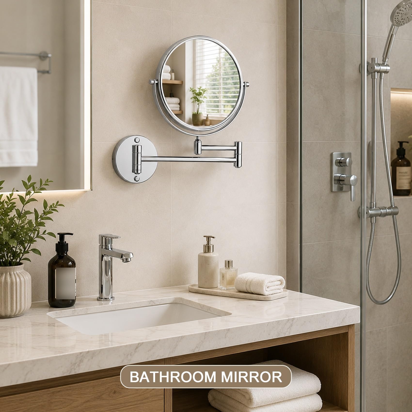 Specchio Trucco Da Parete Bifacciale 1x 3x Ingranditore 360° Girevole | Specchio Bagno con Braccio Estensibile, Vetro HD Antiappannamento e Cornice Alluminio per Rasatura(Argento,20cm/8in)