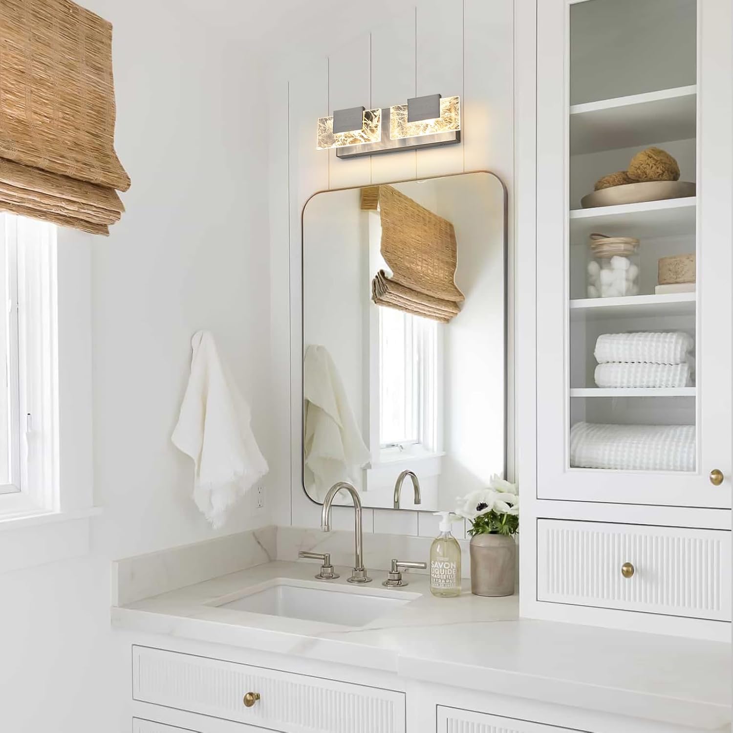 LED Bathroom Vanity Light: 16 Inch Brushed Nickel Acrylic Modern Lighting Fixtures - 2-Lights Contemporary Smoke Design Wall Lights Fixture Over Mirror 3000K