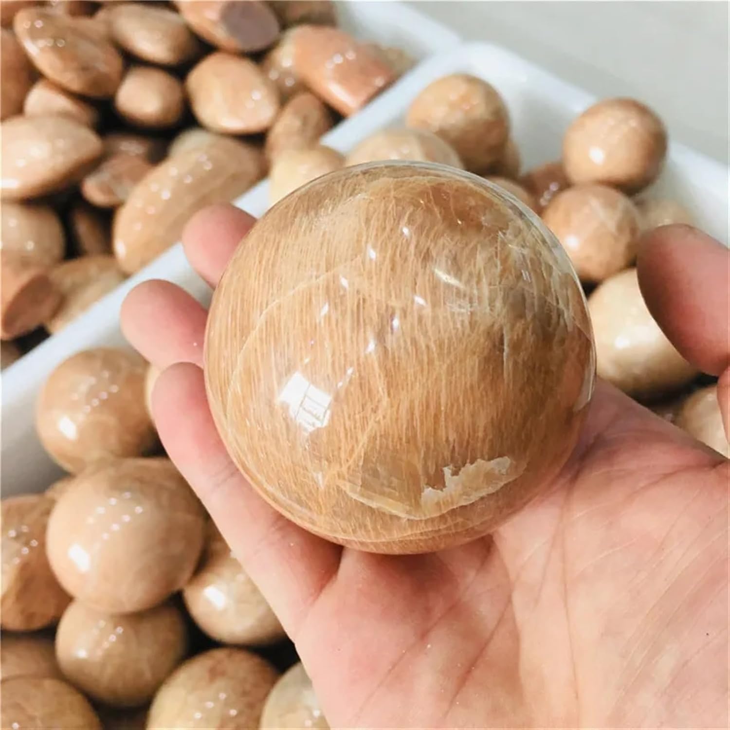 AtkitS Beautiful Natural Peach Moonstone Sphere Quartz Crystal Stone Ball Healing Reiki Decoration Gift 1pc (Size : 5-5.5cm)
