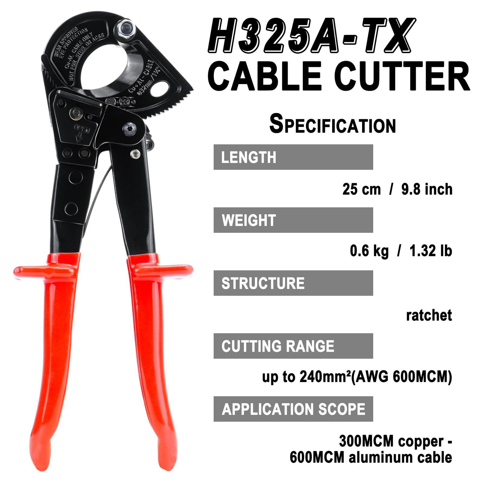 Ratchet Cable Cutter,Ratcheting Cutter And Wire Cable Cutter Cut Up To 240mm², HS325A Heavy Duty Aluminum And Copper Ratchet Cable Cutter (HS325 - View #9