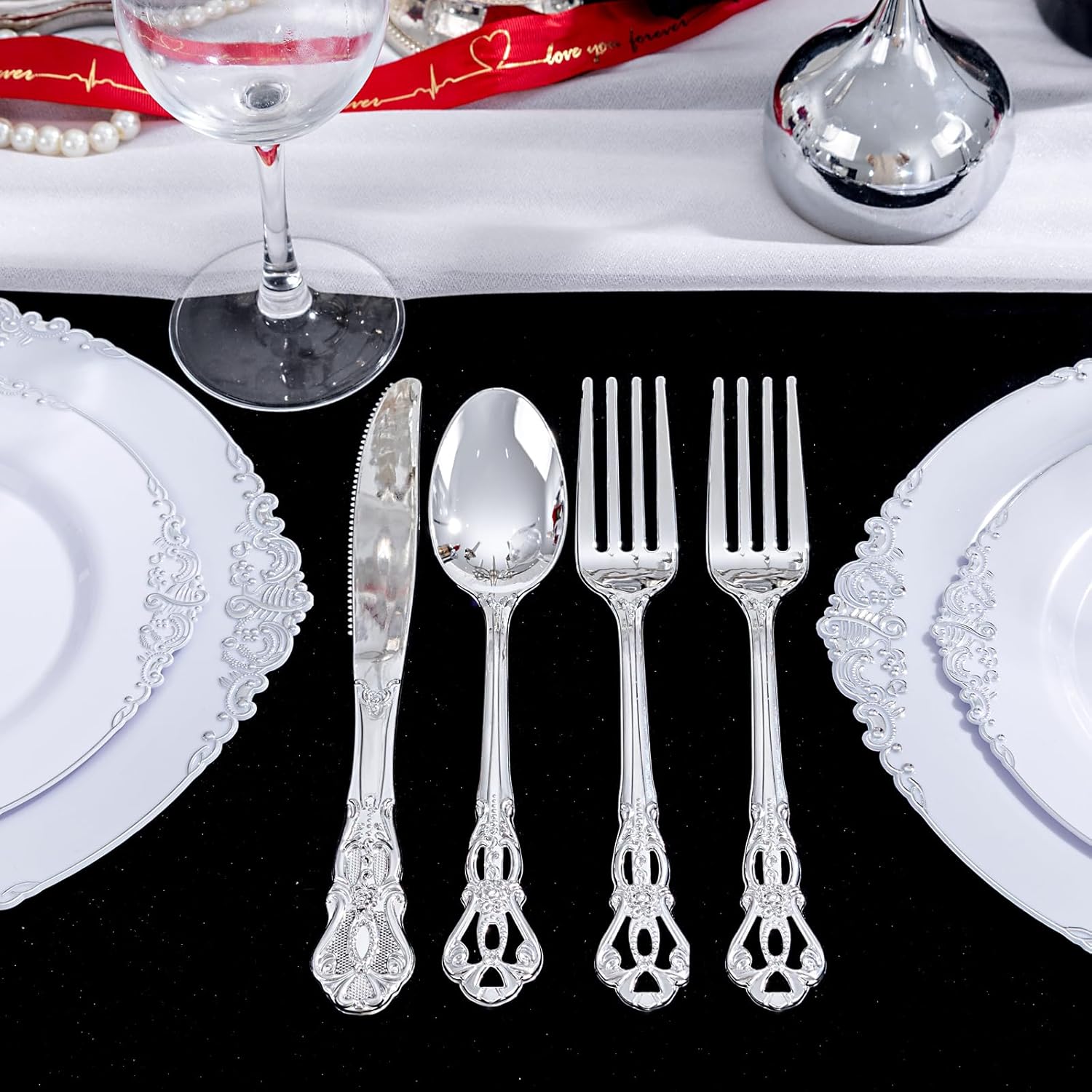 200PCS Silver Plastic Cutlery - Vintage Silver Disposable Silverware - Heavyweight Plastic Utensils with 100 Forks, 50 Knives, 50 Spoons For Catering, Parties, Dinners and Weddings