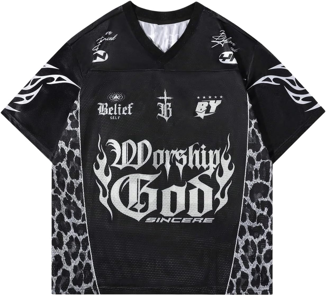 GORGLITTER Men's Leopard Jersey Shirt Graphic Mesh Short Sleeve V Neck Streetwear Tops