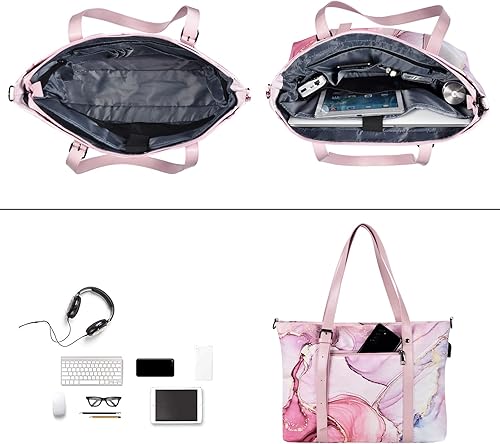 Miniatura 3 de MOSISO Bolsa de mano para portátil con puerto USB (17-17.3 pulgadas) con asa superior ajustable, bolsa para computadora portátil para mujer,