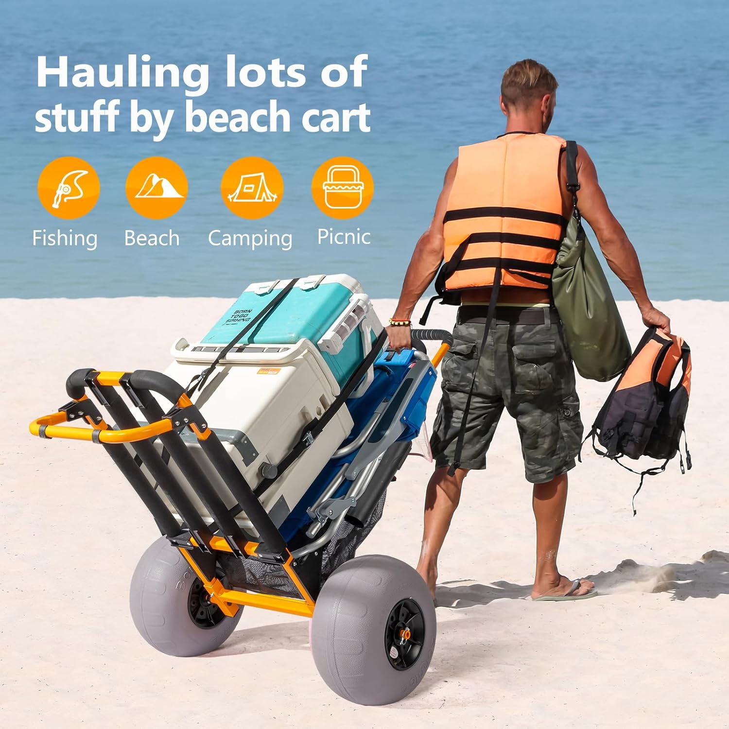 Bonnlo Beach Fishing Cart, Beach Wagon Trolley with 12" Big Balloon Wheels, Foldable, Orange, Aluminum Frame & Handle, 23" x 15" Cargo Deck, Fishing Rods & Water Bottle Holders, Mesh Bag, Hand Pump