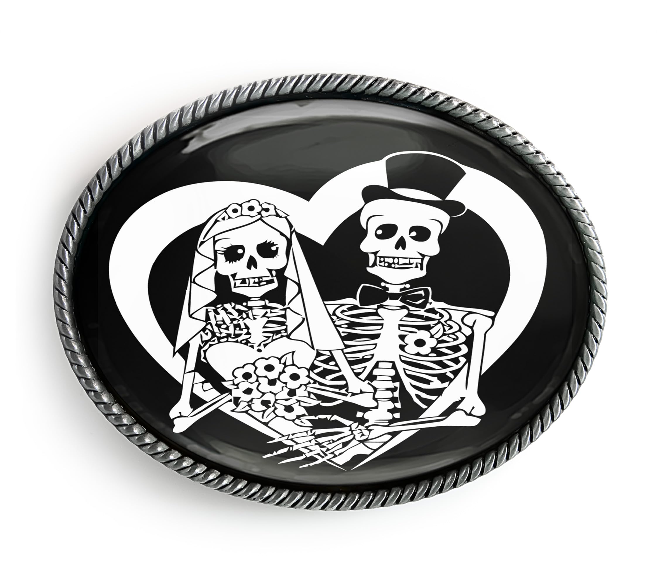 Bride & Groom Belt Buckle - Day of the Dead Sugar Skull Wedding Handmade Artisan Buckle (Antique Silver)