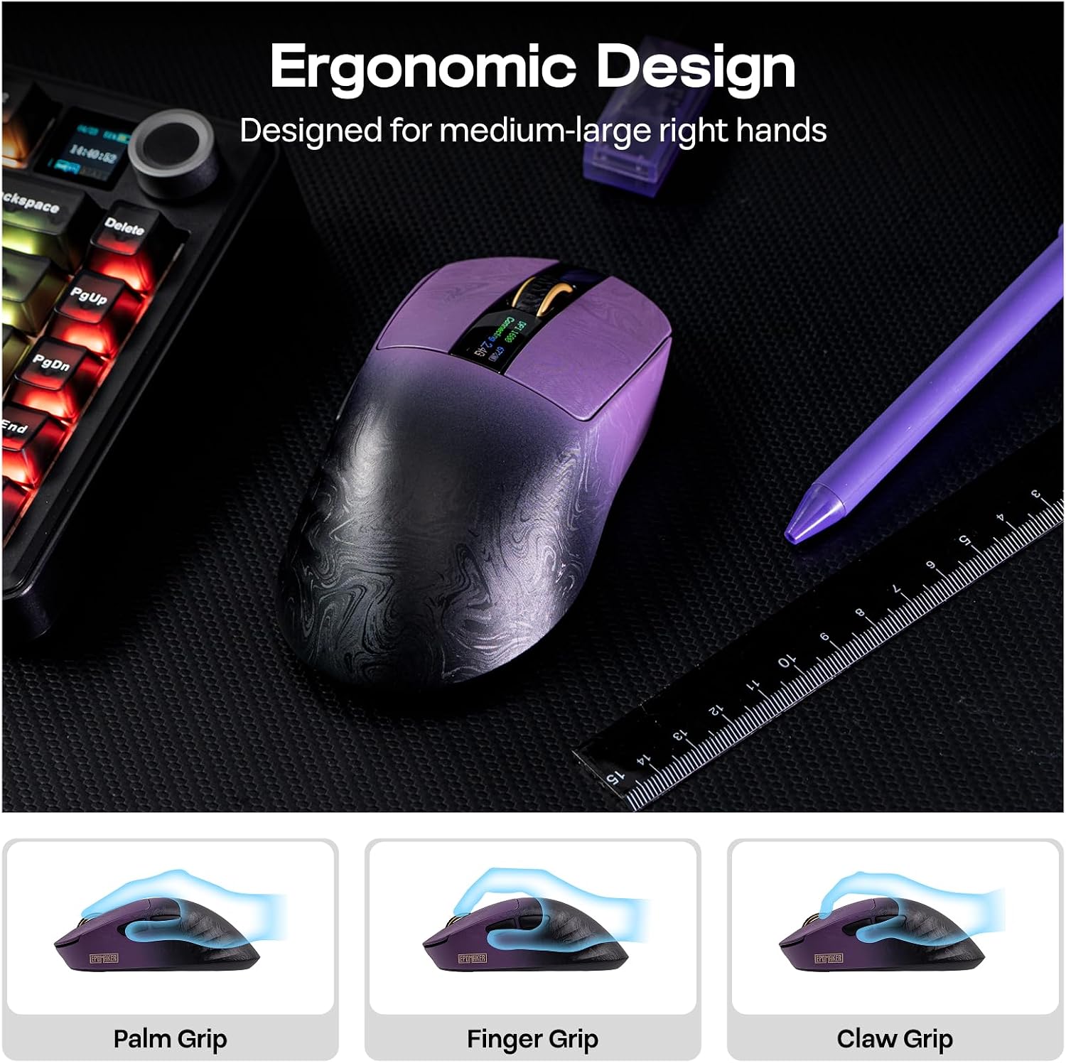 EPOMAKER Carbonis Wireless Gaming Mouse with Digital Display, PAW3950 Sensor, 8K Polling, 30K DPI, Carbon Fiber Composite Shell, Ergonomic Right Hand Esports Mouse for PC Gaming (Black Purple) 5 71arPCOrvYL. AC SL1500