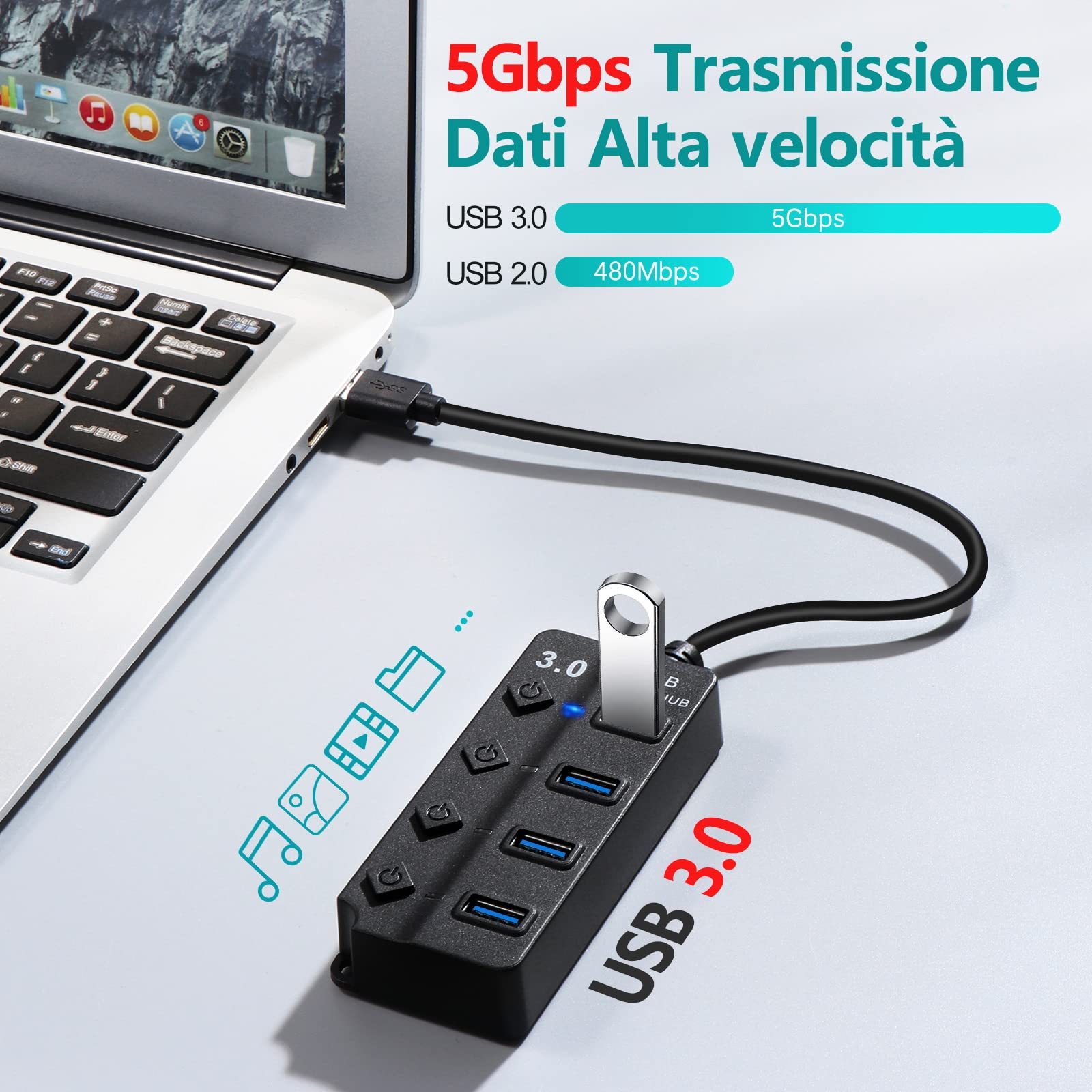 Hoppac Hub USB 3.0 i 2.0, 1 Port USB 3.0 i 3 Porte USB 2.0, Adapator z Lampką LED