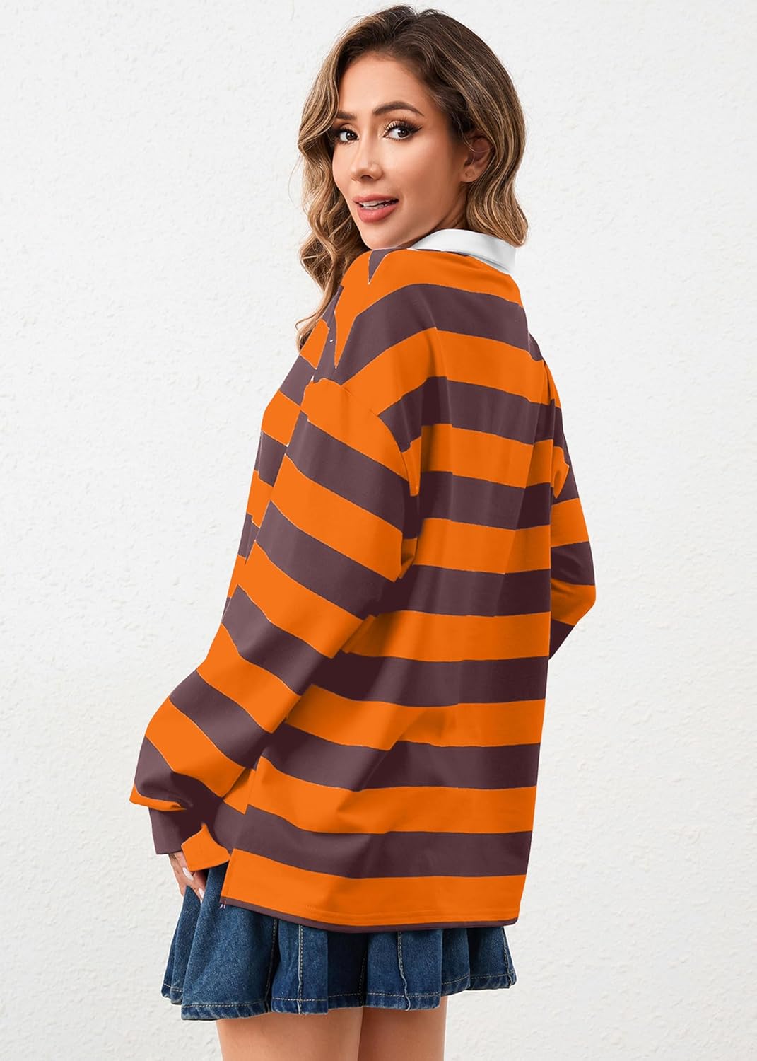 Women's Oversized Striped Polo Sweatshirt Long Sleeve Rugby Collared Pullover Tops Loose Fit Shirt - Image 2