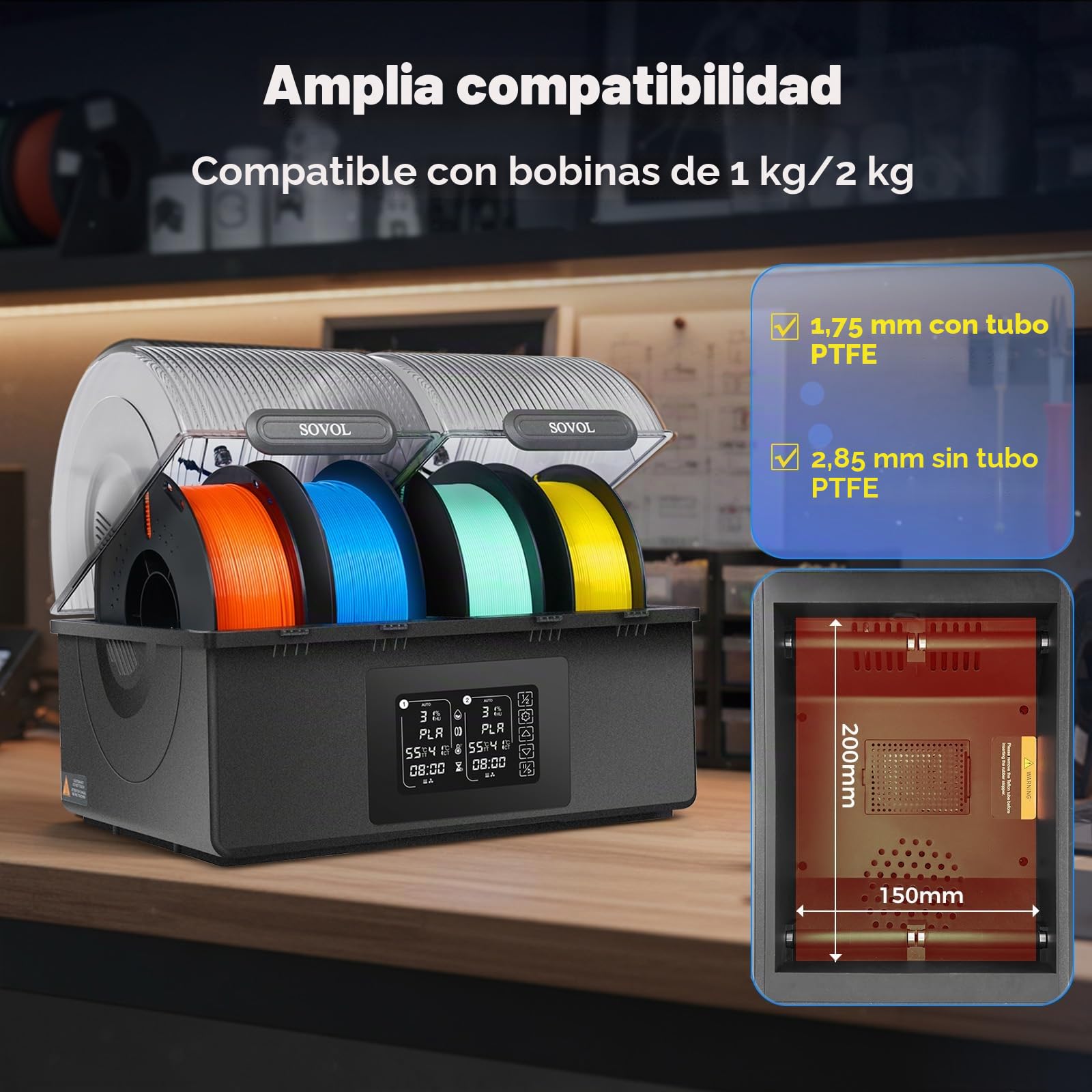 Sovol SH03 Secador Filamento 3D 4 Rollos, 85 ℃ máx. Filament Dryer para impresora 3D, ventiladores de circulación mejorados/eliminación de humedad automática/modo de secado automático para PLA PETG