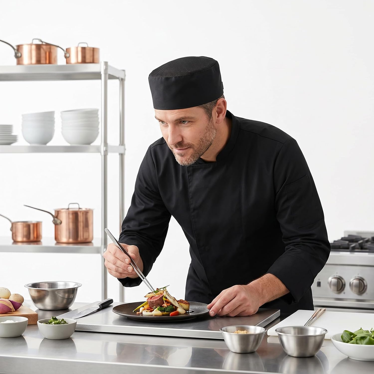 24 Pcs Unisex Chef Hat, Breathable Mesh Top Beanie Skull Cap, Adjustable Cooking Caps for Adult Men Women Sushi Kitchen Black