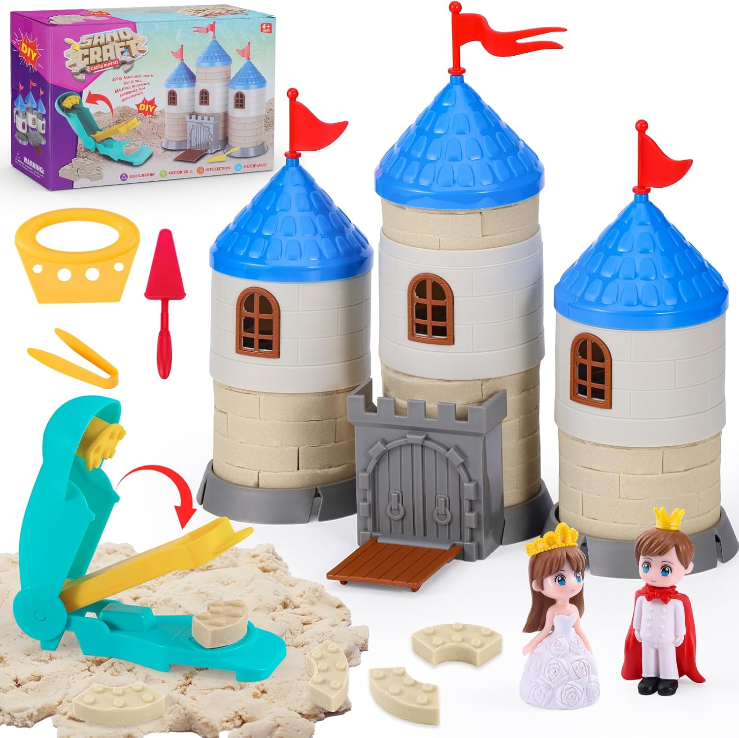 Crelloci Castle Building Play Sand Toys, Castle Mold 1.7lbs Magic Sand 4 Tools & Prince Princess Model, Construction Sensory Toy Magnetic Sand Set, Gift for Kids Boys Girls Age 3-8