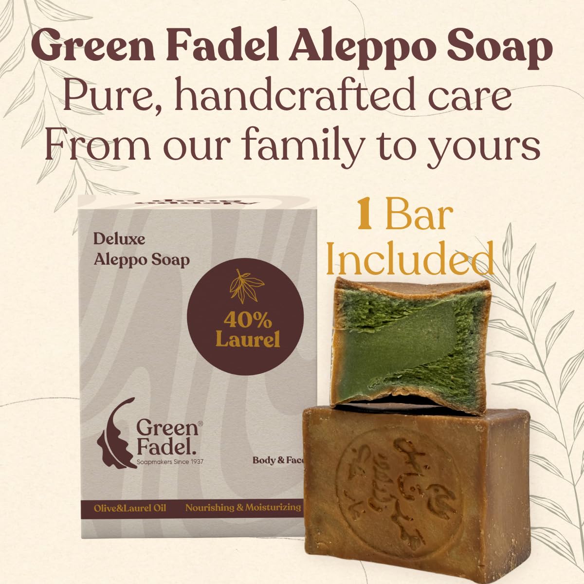 GREEN FADEL Sapone di Aleppo Originale, 40% Olio di Alloro, 60% Olio d'Oliva, 1 x ca. 200g (Deluxe) Sapone all'Olio d'Oliva, Naturale, Fatto a Mano, Vegano