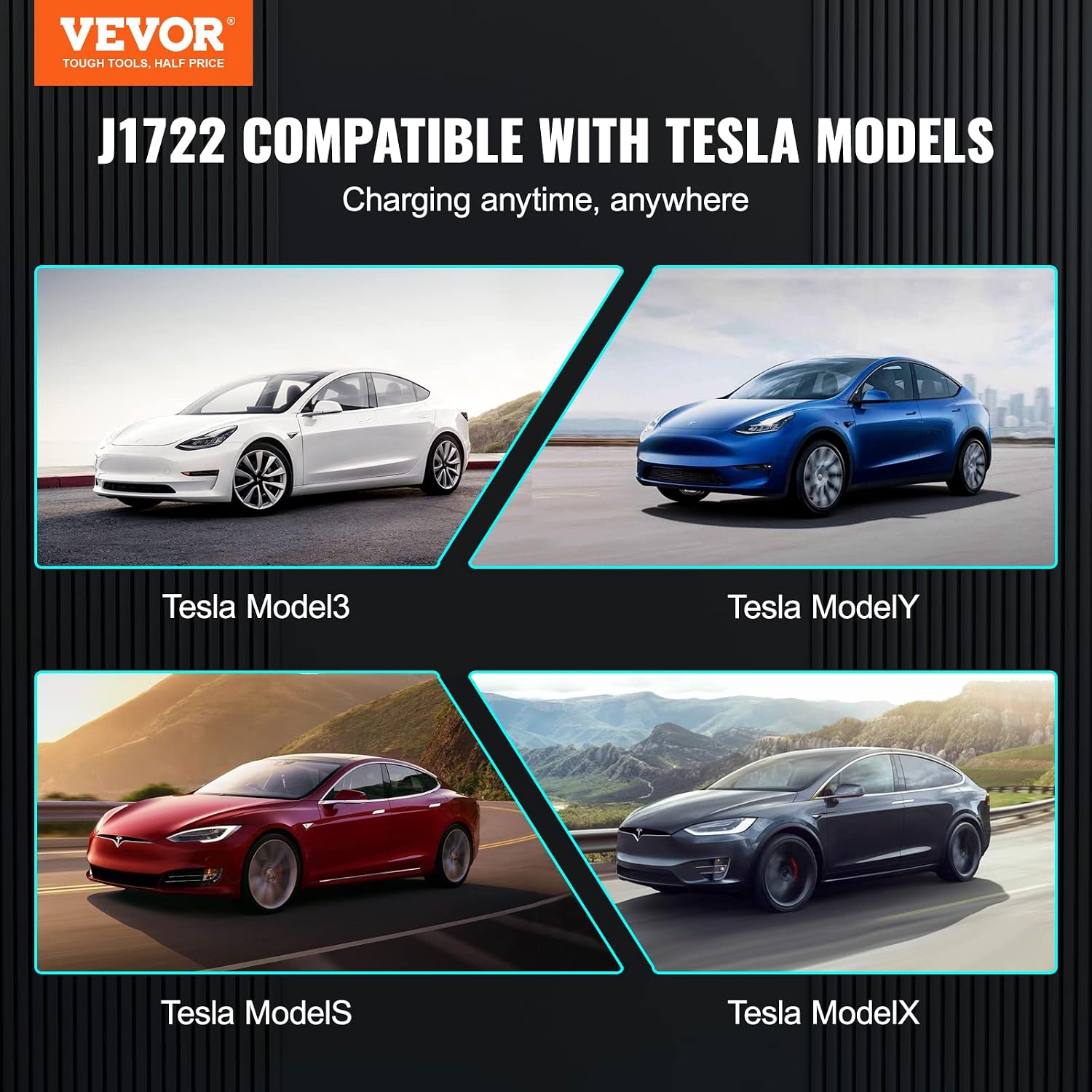 VEVOR J1772 to Tesla Charger Adapter, 80 Amp 240V AC, SAE J1772 EV Charging Adapter to Tesla Plug, with Storage Bag Anti-Drop Lock IP65 Compatible with Tesla Model 3, Y, S, X