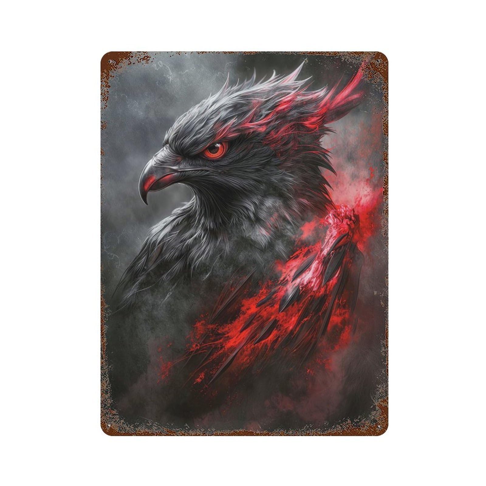 Garage Style Dark Fiery Raven Aged Metal Wall Plaque 15.7"x11.8", Farmhouse Wall Decor for Bar And Workshop