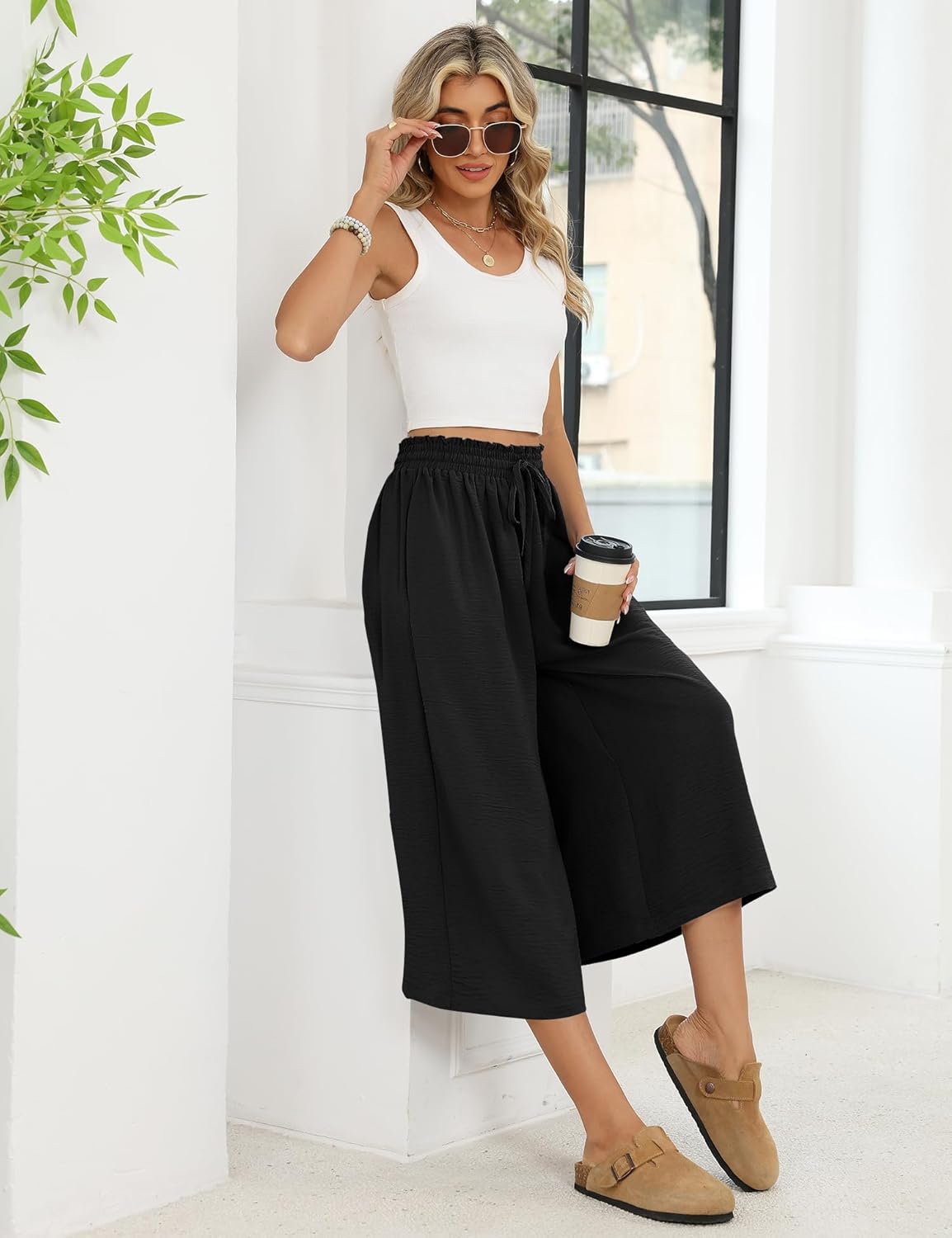Rapbin Wide Leg Capri Pants for Women Gingham Striped Culottes Flowy Elastic Waist Cropped Palazzo Pants with Pockets - Image 4