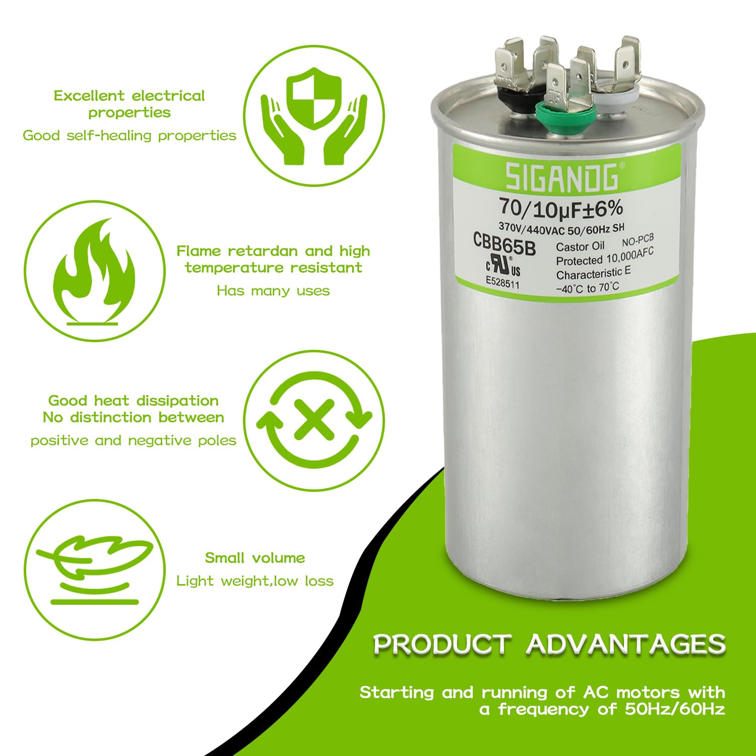 70/10 uF 70+10 MFD 370V or 440V CBB65 Dual Run Start Round Capacitor 70 10 uF MFD 370 440 Volt VAC for Condenser Straight Cool or Heat Pump Air Conditioner