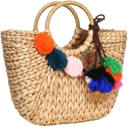 Miniatura 9 de Bolso de ratán de verano para mujer bolso de mano tejido a mano con asa superior para playa playa paja de mar de ratán rosado caqui, Khaki Pink With