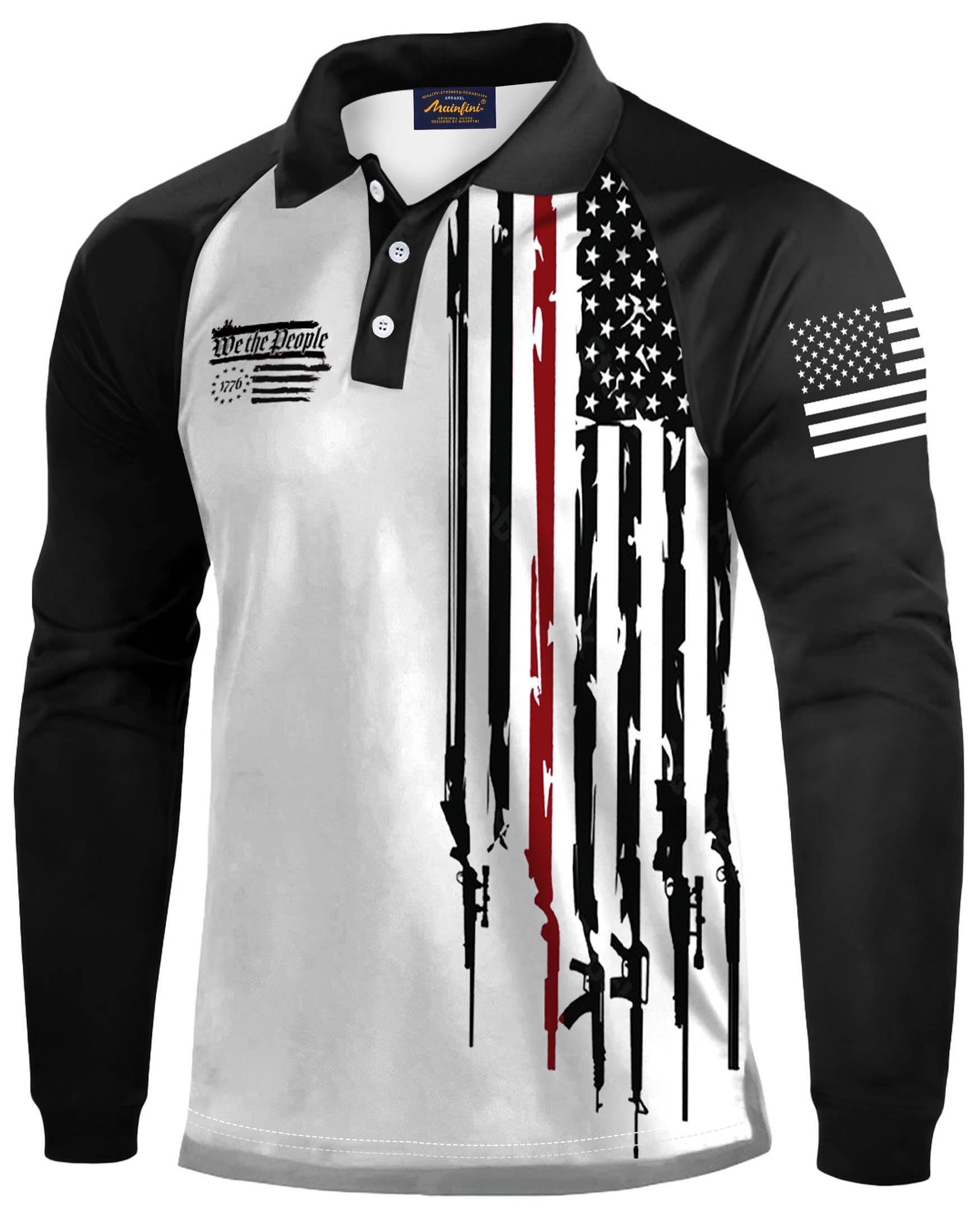 Mainfini Men's Long Sleeve 1776 Golf Shirt USA Flag Graphic Button Polo Shirt (S-3XL)