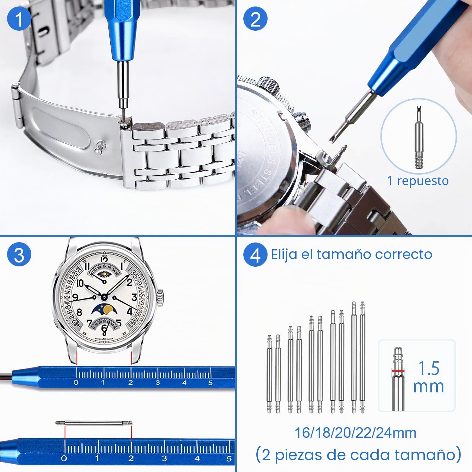 JOREST Kit de Reparación de Correas de Reloj, Ajusta y Cambia Correas, Quita Eslabones