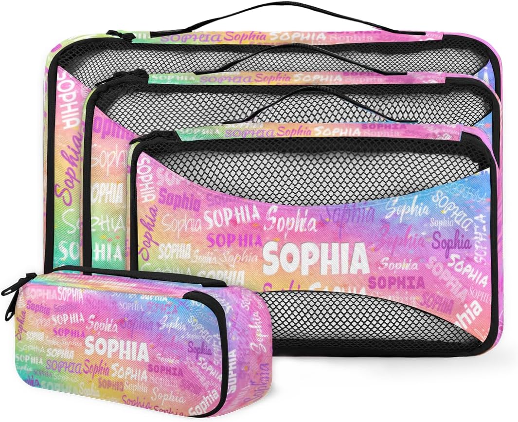 Custom Name 4 Set Packing Cubes for Women, Colorful Pink Watercolor