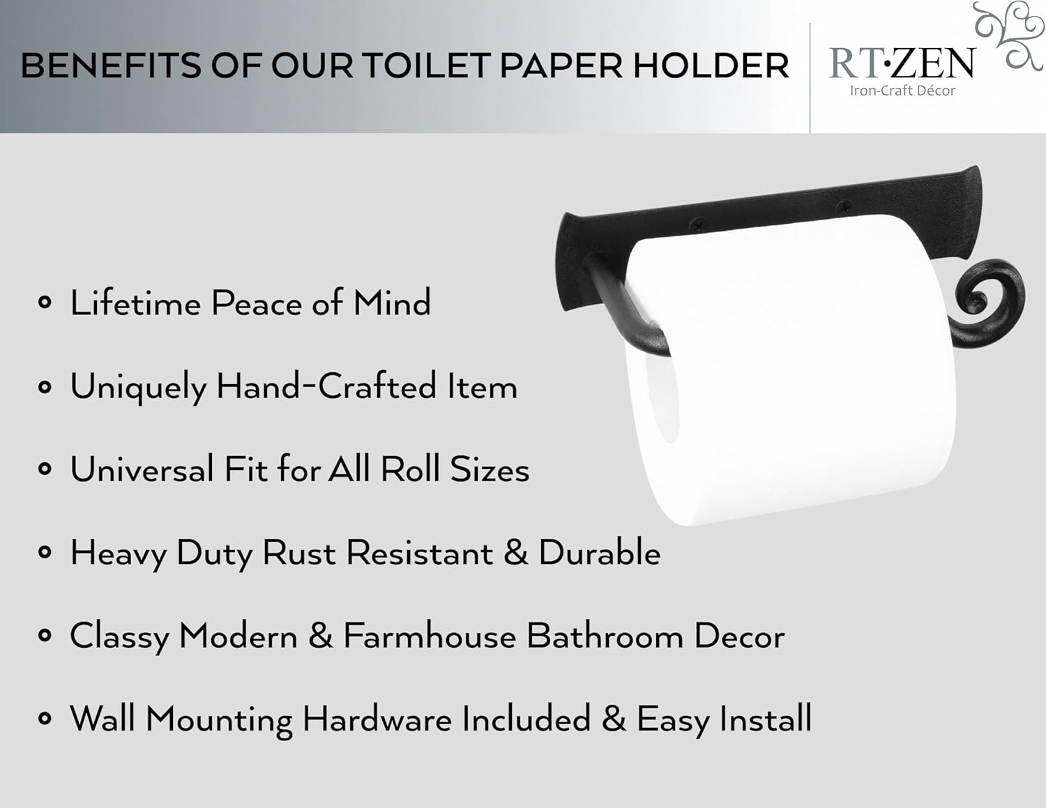 RTZEN Bathroom Toilet Paper Holder - Handcrafted Rustic Wrought Iron Wall Decor Toilet Roll Holder - Black Matte Wall Mount Bar for Modern Farmhouse Bathroom Decor