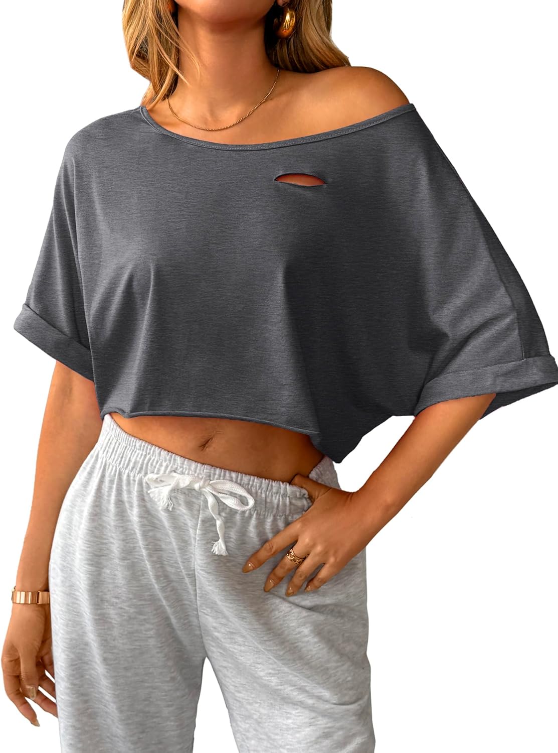 SOFIA'S CHOICE Women Distressed Off Shoulder Crop Top Ripped Loose Short Sleeve T Shirt