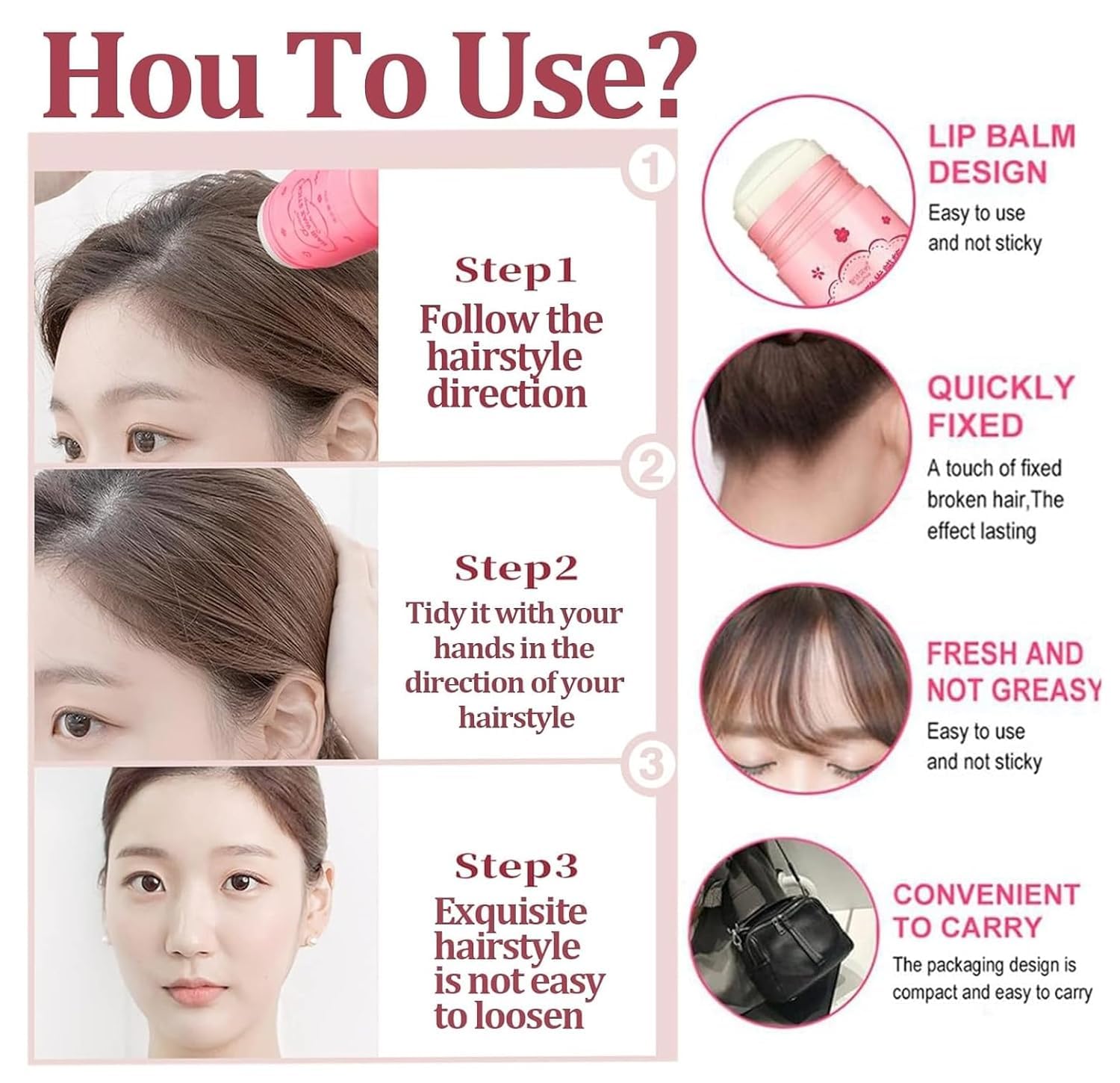 SWIREUK Hair Wax Stick Long Lasting Styling Non Greasy Bangs Women For Frizzy Hair Stick, Natural for Wigs, Broken Hair, Flying and Frizz Pink, 40g, Long-Lasting Styling, Pink (40GM, Unscented) 1