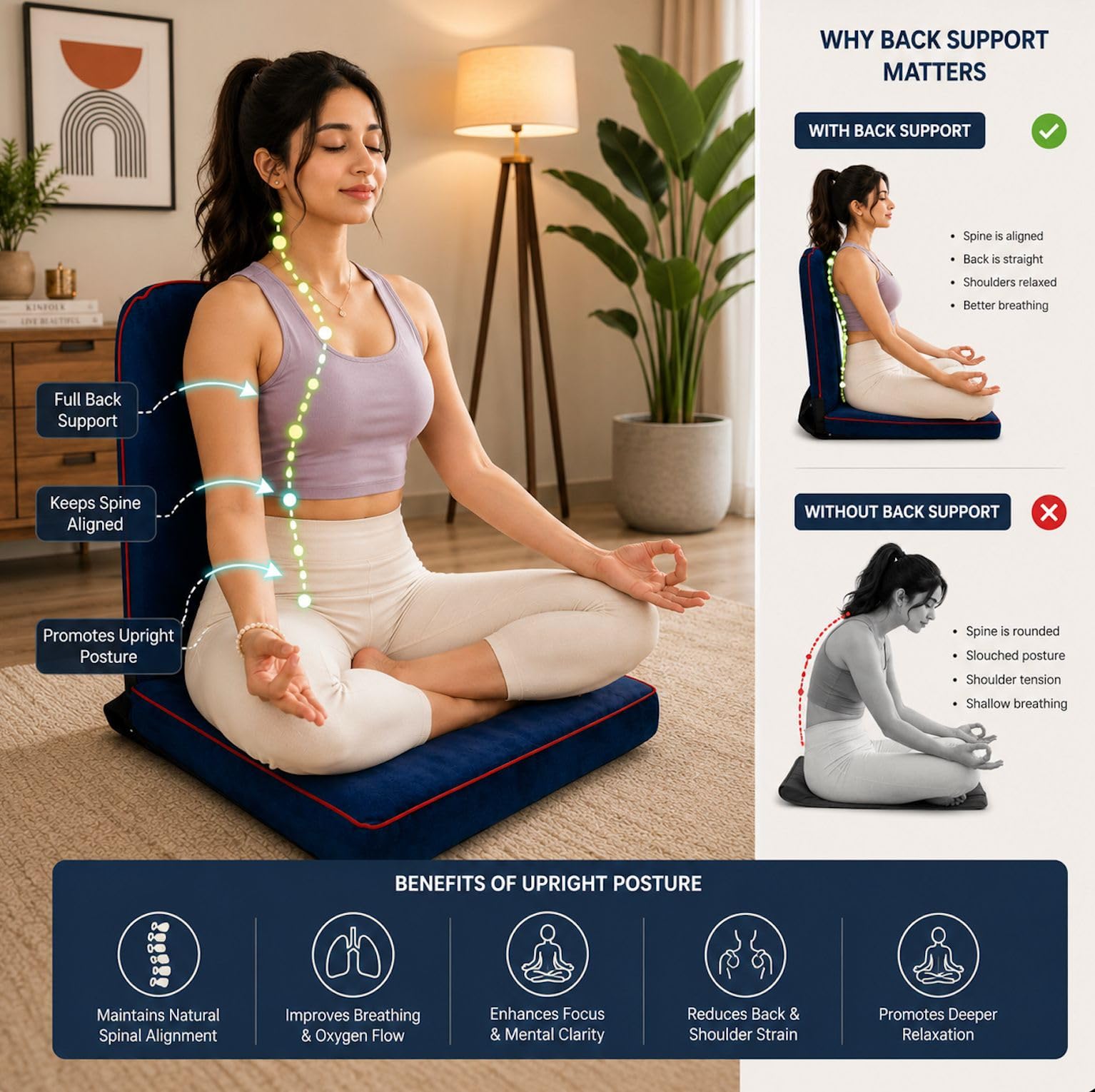 Kawachi Right Flexible Angle Back Support Portable Relaxing Folding Yoga Meditation Floor Chair Blue 1