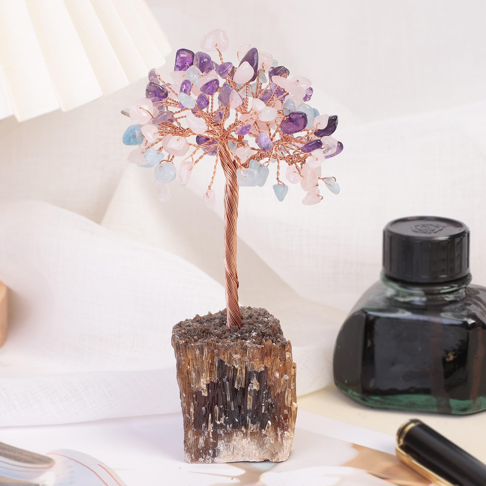 mookaitedecor Amethyst & Rose Quartz & Aquamarine Healing Crystal Tree on Amber Calcite Cluster Base Feng Shui Money Tree Ornament for Home Semi Precious Gemstone Bonsai Tree Gift Reiki Room Decor - Image 4