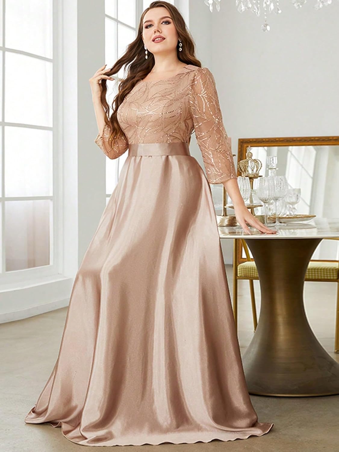 Women's Plus Size Sequin Embellished with Satin A-line Hem 3/4 Sleeves Formal Evening Gown Maxi Long Dress - Image 3