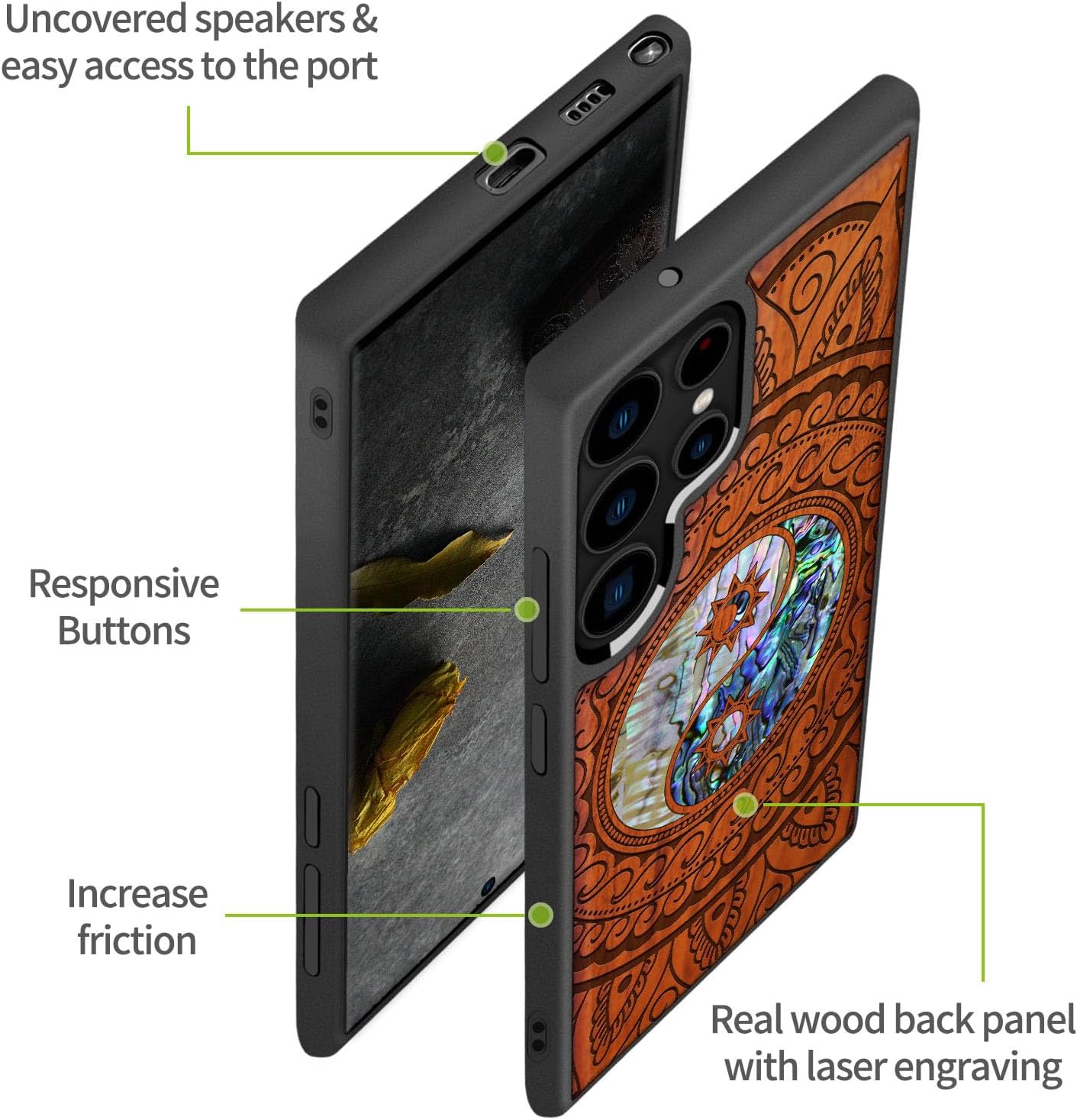 Carveit Designer Wooden Cover for Samsung Galaxy S22 Ultra Case [Wood Engraving & Shell Inlay] Compatible with Wireless Chargers Galaxy S22 Ultra (Yin Yang Paisley-Rosy)