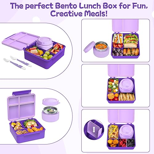 Miniatura 5 de Lonchera Bento para niños con termo de sopa de 8 onzas, recipientes de comida a prueba de fugas para niños con 4 compartimentos, tarro de comida
