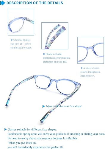 Miniatura 3 de Paquete de 4 lentes de lectura para mujer, marco redondo, bisagras de resorte, colorido a la moda para mujer, con funda suave 2.25