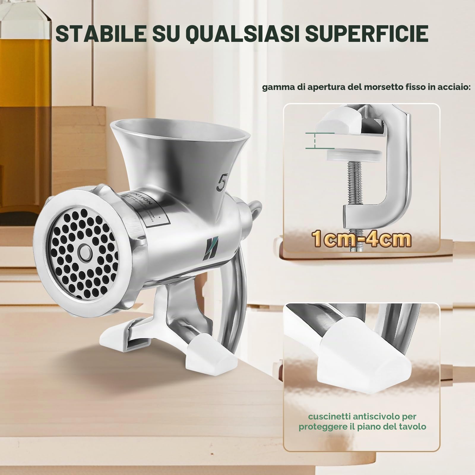 Huanyu Tritacarne manuale in acciaio inossidabile con insaccatrice per salsicce e accessorio per biscotti Lavabile in lavastoviglie Tritacarne manuale per carne bovina, suina e verdure (n. 5)