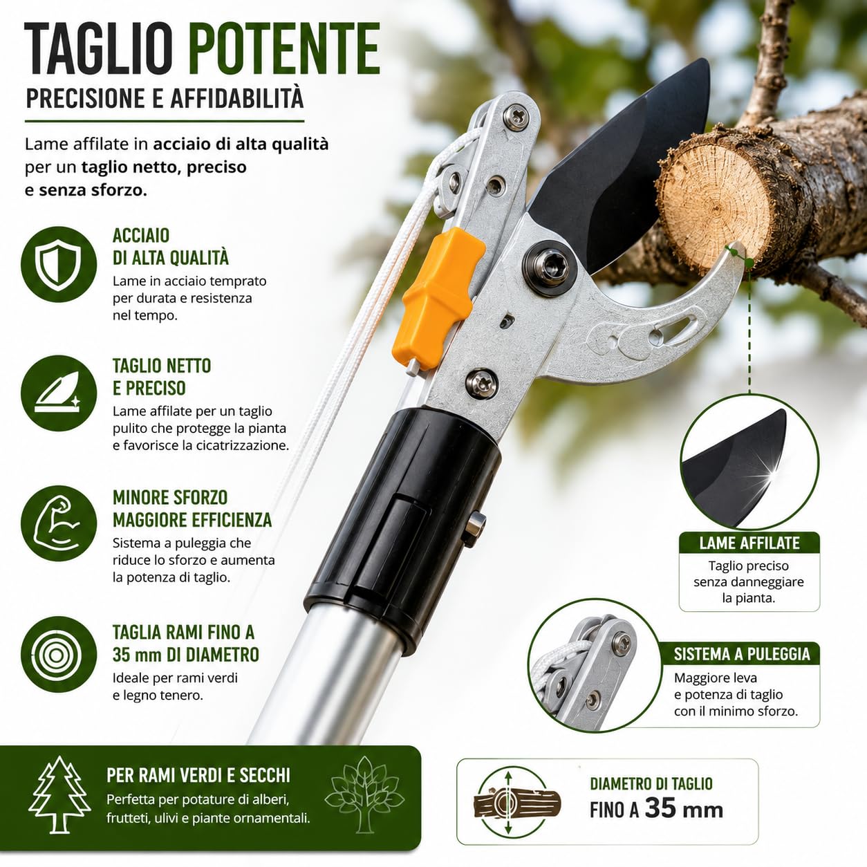 Cesoia Troncarami Telescopica 2 in 1 con Seghetto Intercambiabile 180-300 cm, Asta in Alluminio Leggera, Svettatoio Professionale per Potatura Alberi, Ulivo, Agrumi e Rami Alti