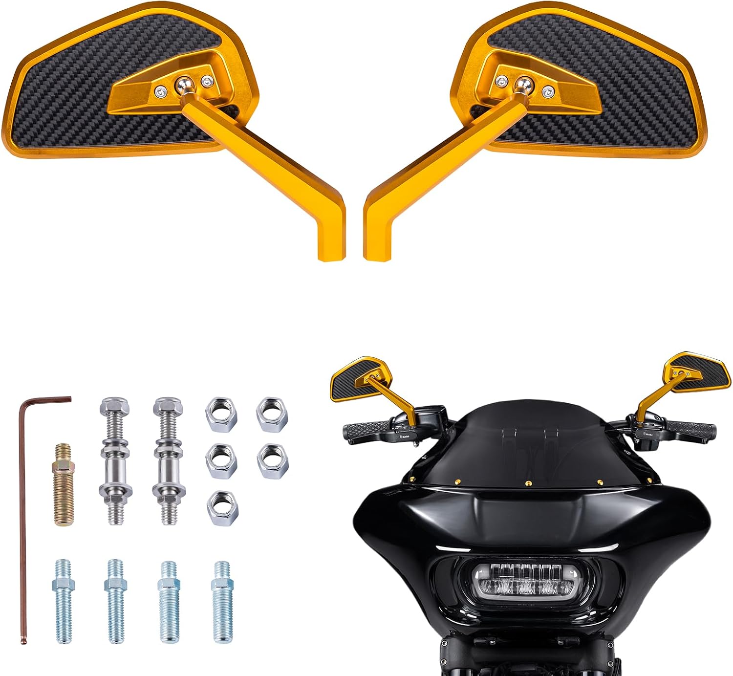 Motorcycle Rearview Mirror, CNC Carbon Fiber Rearview Mirror Fit For Harley Touring, Softail, Dyna, Sportster, Street Bob, Low Rider S, Road King, Fat Boy, and XL883 (Gold)