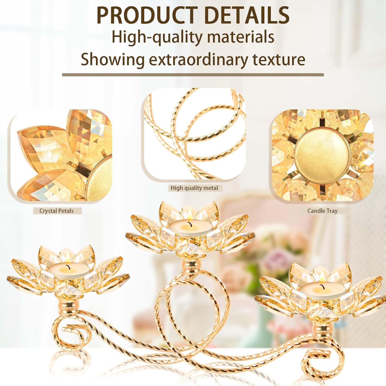 2Pcs Gold Kehail Crystal Metal Tea Light Candle Holder Set, 3-Arm Flower Shaped Crystal Votive Candlestick Holders for Table Centerpiece, Wedding Shower, Party and Home Decor