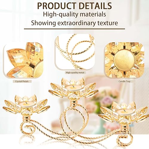 Miniatura 2 de Juego de 2 candelabros votivos de cristal dorado para velas de té, 3 brazos en forma de flor, para centro de mesa, boda, fiesta y decoración del