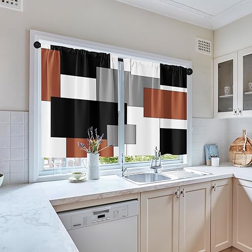 Vista 253 de Cortinas geométricas de cocina negras y grises de 63 pulgadas de largo, juego de 2, cortinas grises y blancas para dormitorio, sala de estar, Gris
