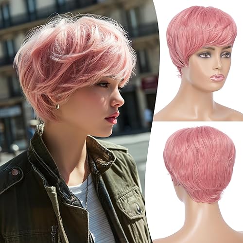 FESHFEN Pixie Cut Wigs Synthetic Short Pink Pixie Haircut Wig with Bangs Glueless Layered Wig Wavy Wigs for Women