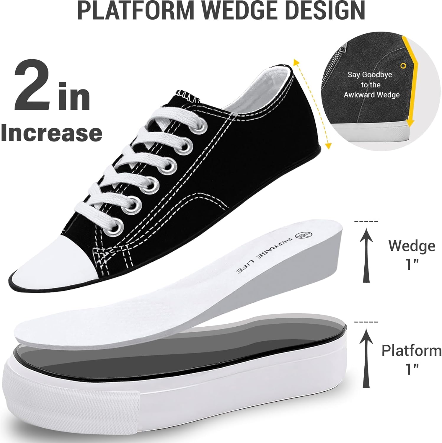 Platform Sneakers for Women 2 Inches Height Boost Hidden Wedge Sneakers, Height Increase Canvas Heel Sneakers Fashion White Sneakers for Women and Girls - Image 3