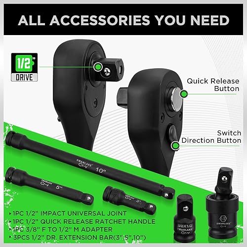 Miniatura 30 de SWANLAKE - Juego de 9 llaves de impacto métricas de 1/2 pulgada, tuerca de eje de husillo, 1.142 in-1.496 in, CR-V