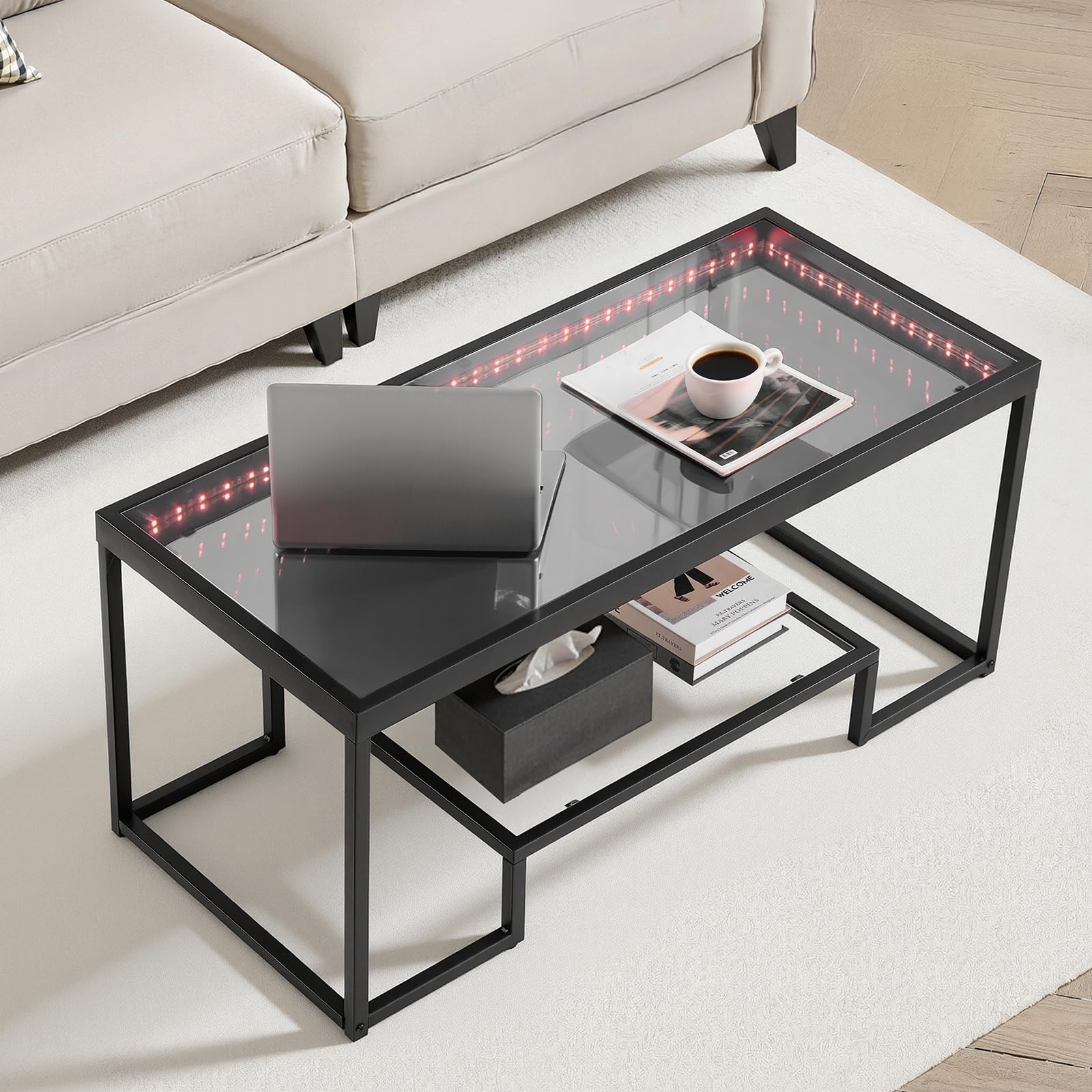 VEVOR Tavolino da Caffè da 100 x 51 x 48 cm in Vetro e Metallo Temperato con Illuminazione, Tavolo Rettangolare con Due Livelli e Spazio di Archiviazione Aperto, per Soggiorno Ufficio Nero