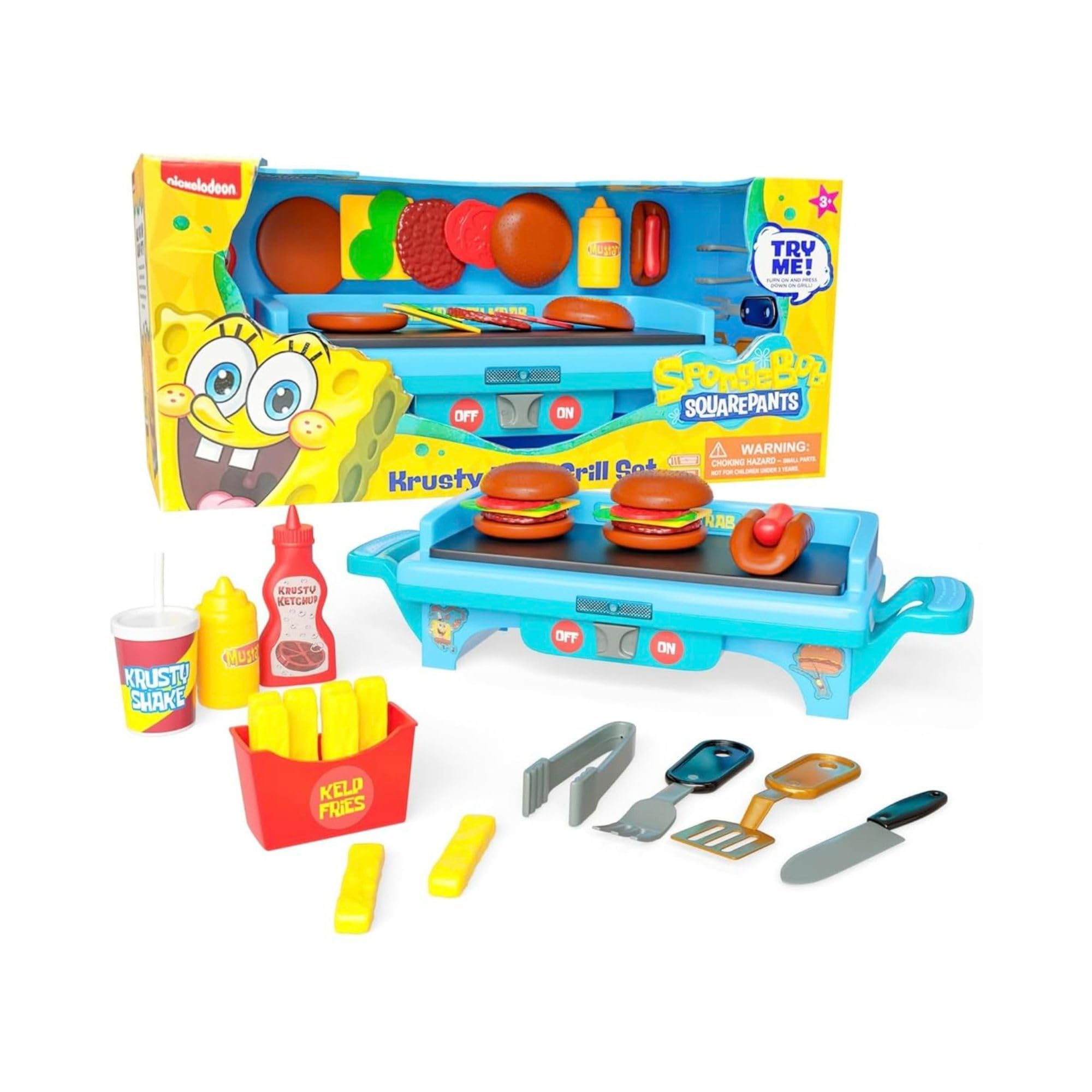 SpongeBob SquarePants Krusty Krab Toy Grill for Kids Lights & Sounds Krabby Patty Burgers, Kelp Fries, Pretend Plastic BBQ Cooking Toys for Toddlers