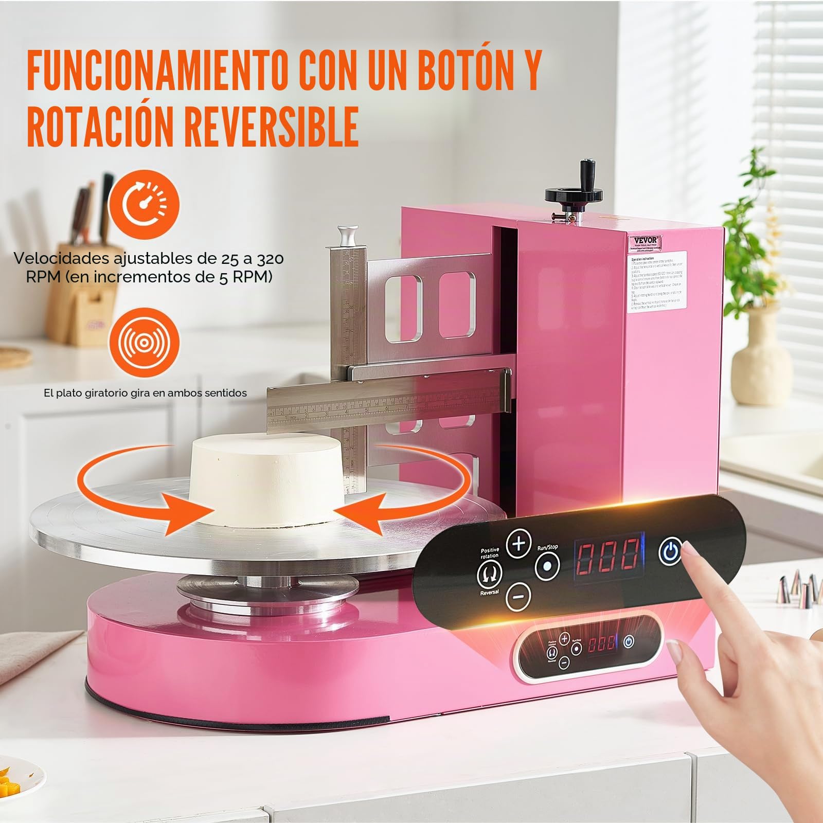 VEVOR Máquina para Decorar Pasteles, para Untar y Cubrir Crema para Pasteles, Bajo Ruido, Plato Giratorio con Raspador Ajustable, Velocidad de Rotación de 25-320 RPM, Rosa, 700 x 500 x 550 mm