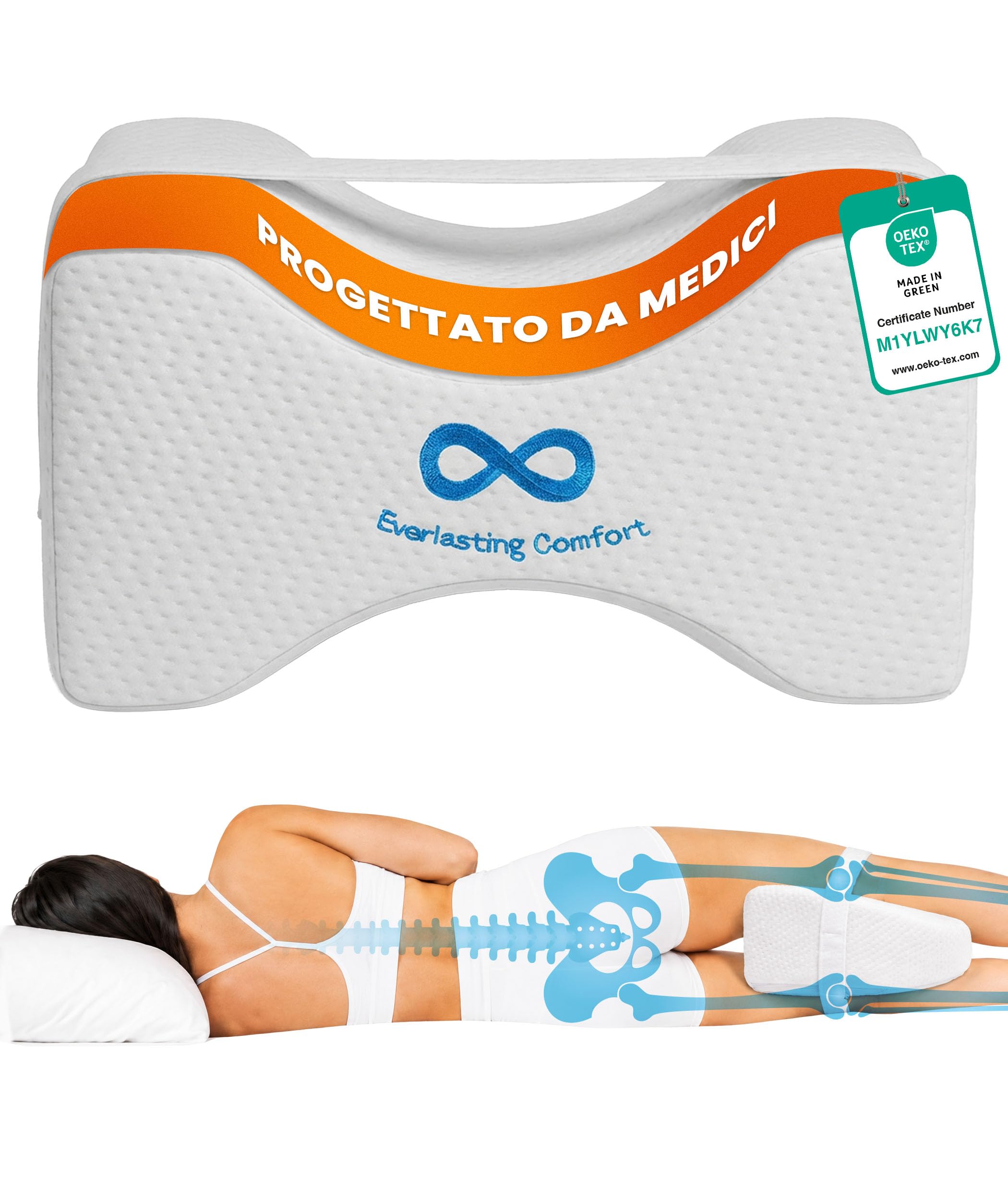 Everlasting Comfort Cuscino ginocchia in memory foam per dormire di lato – Cuscino gambe con cinghia rimovibile, fodera lavabile e forma sagomata